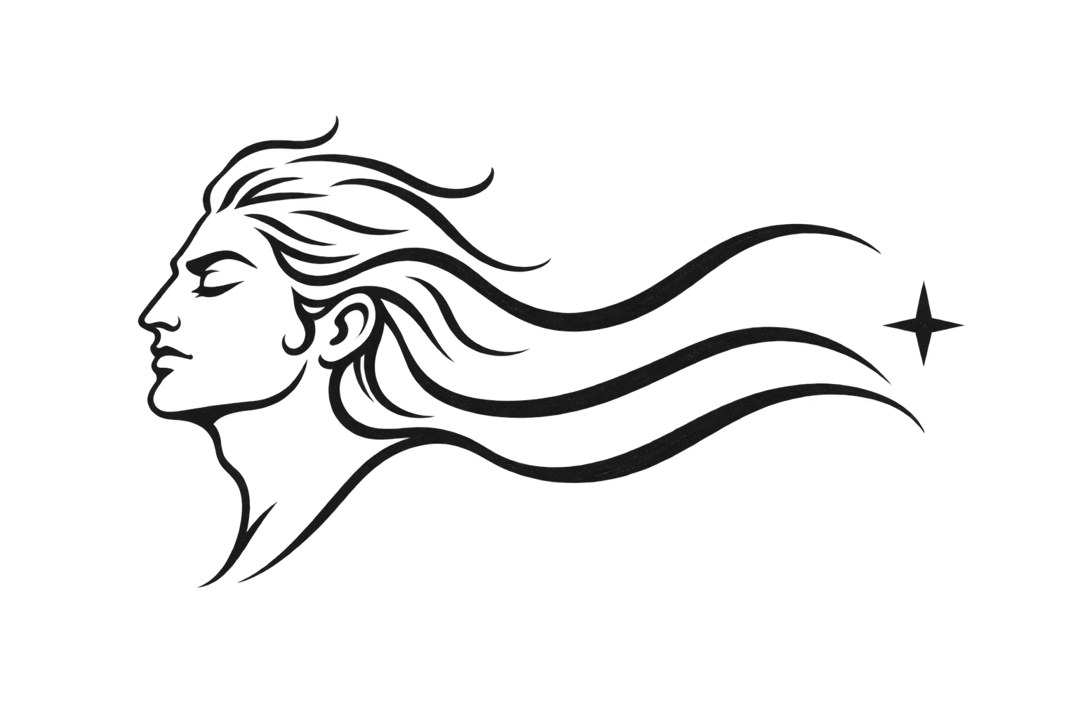 Ink drawing of Vayu, with flowing wind ribbons