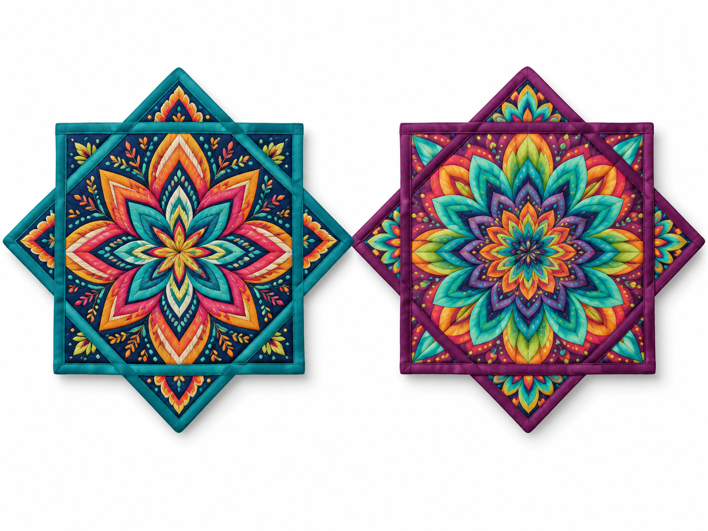 Two colorful reversible VAYUTA square spinning cloths with four triangular tabs